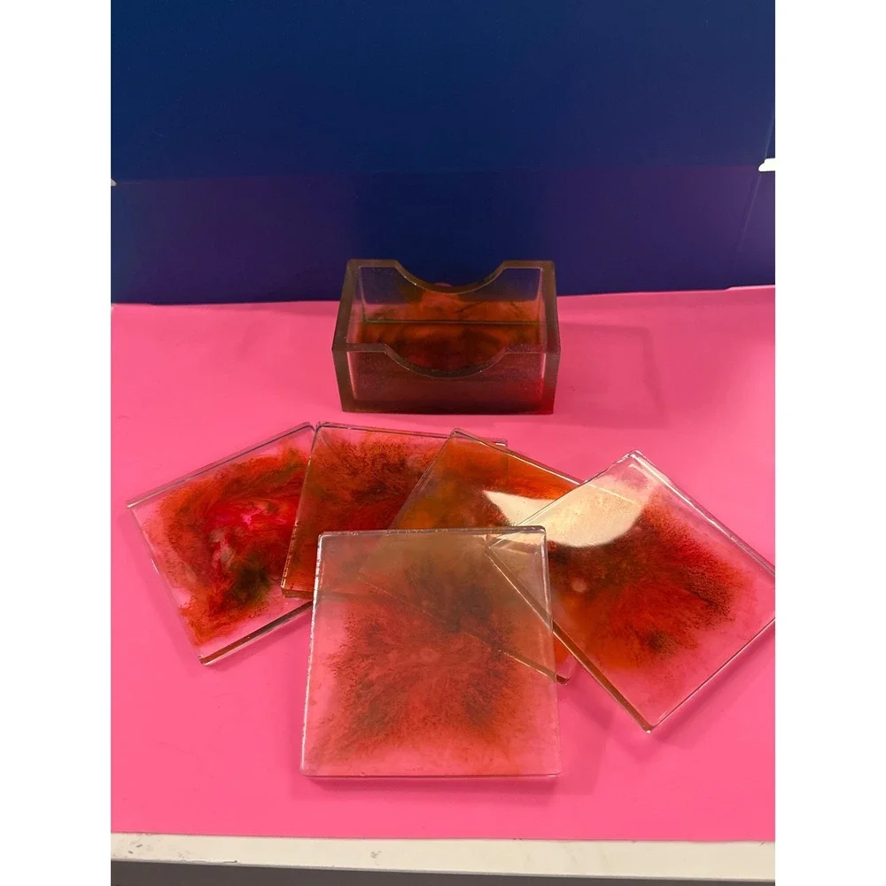 Handmade Resin Coaster Set with Holder Red Orange Alcohol Ink Abstract 6 Piece